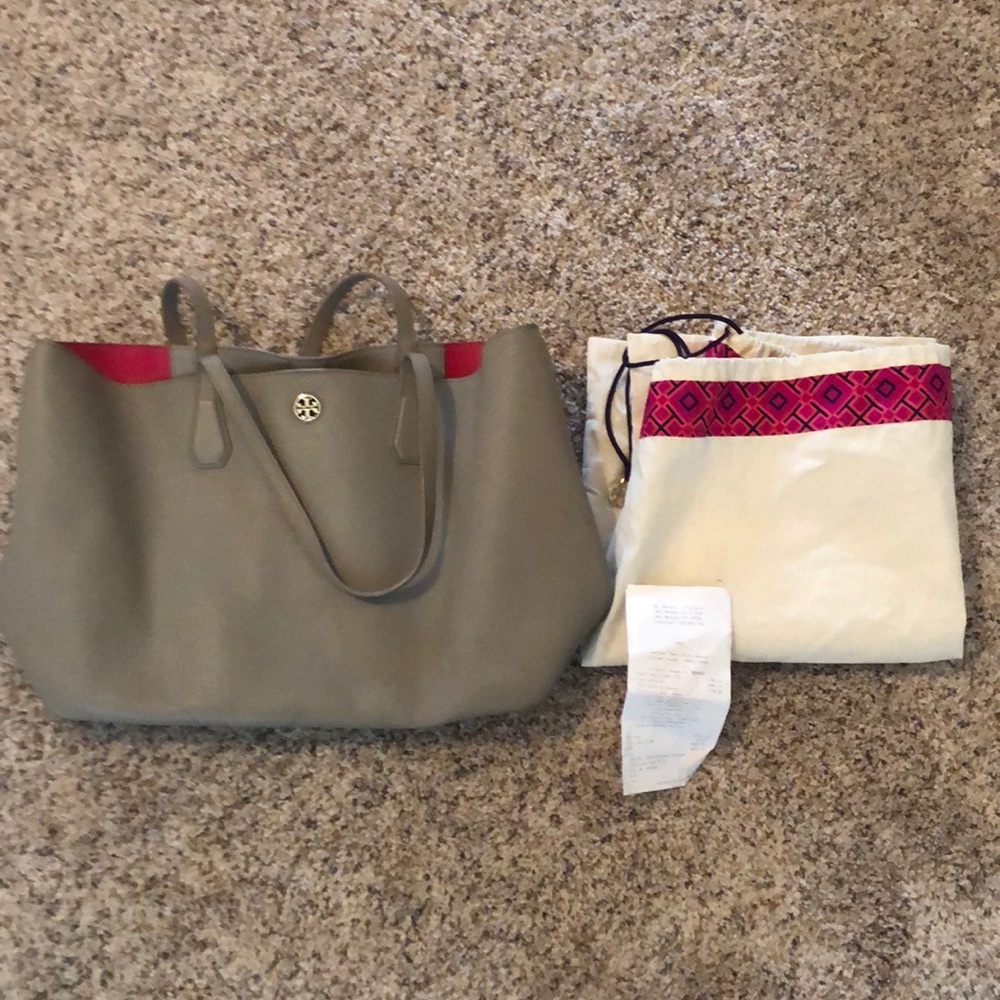 Tory Burch Perry leather tote French grey/ peony